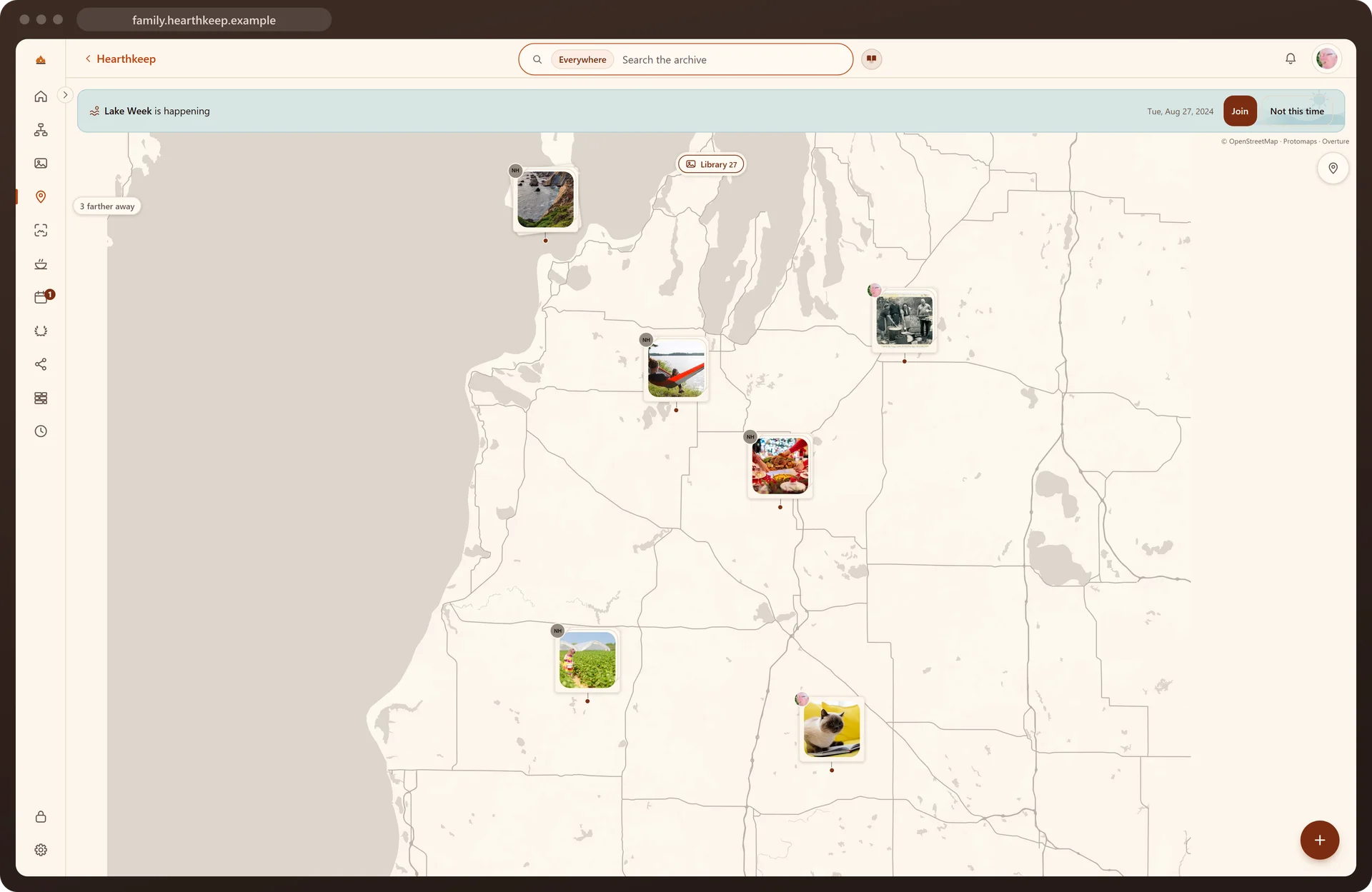 The map: photos standing where they were taken, some in piles with a count.