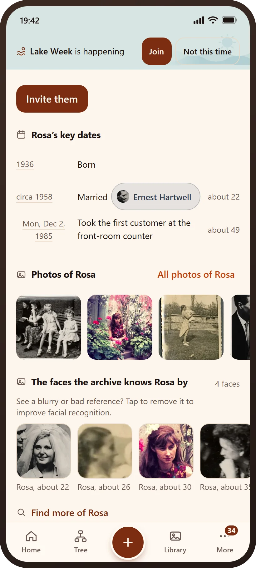 Rosa Hartwell’s page on a phone: her key dates and her photos.