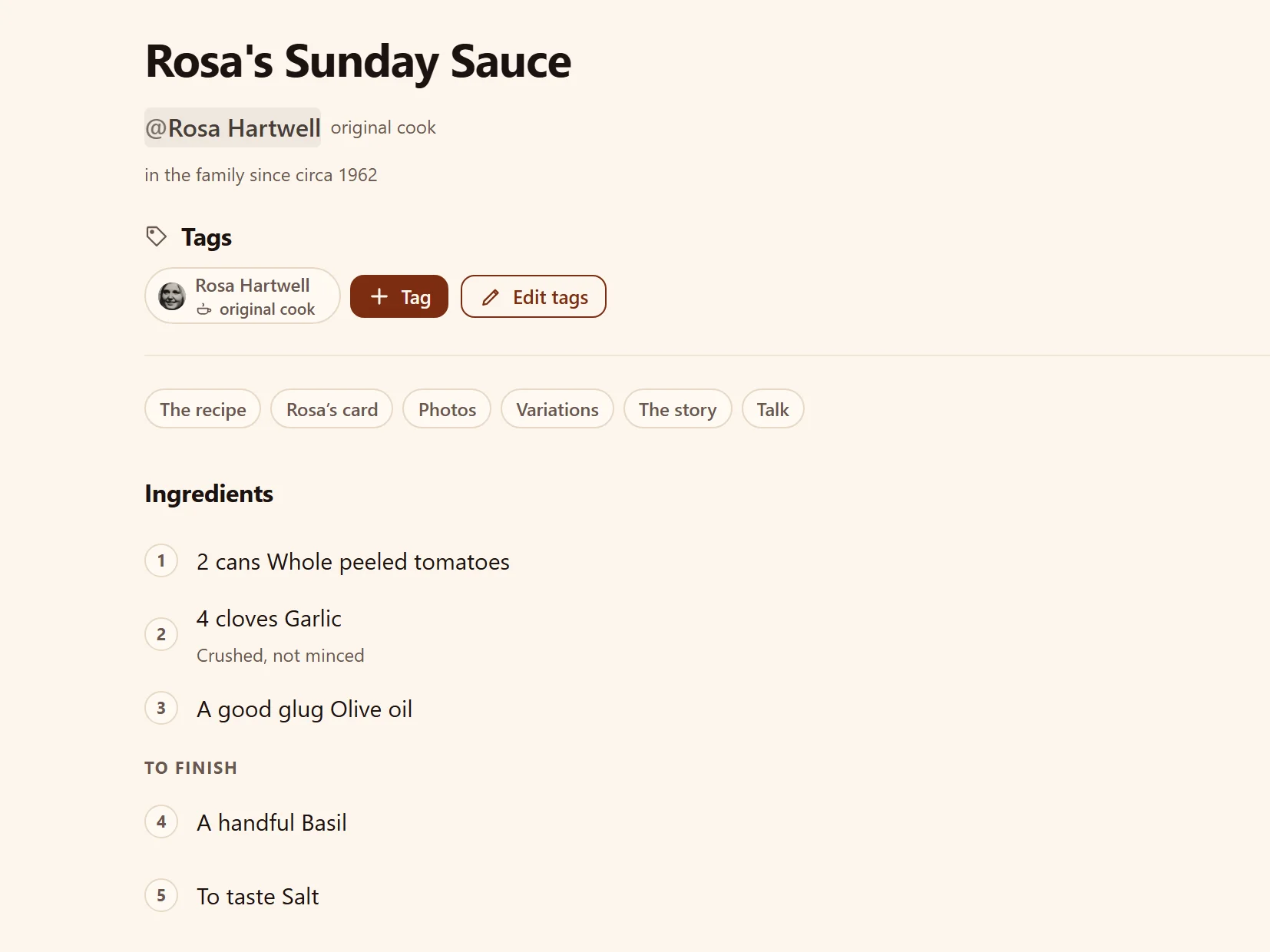 Rosa’s Sunday Sauce, typed up from her card: in the family since circa 1962, ingredients and all.